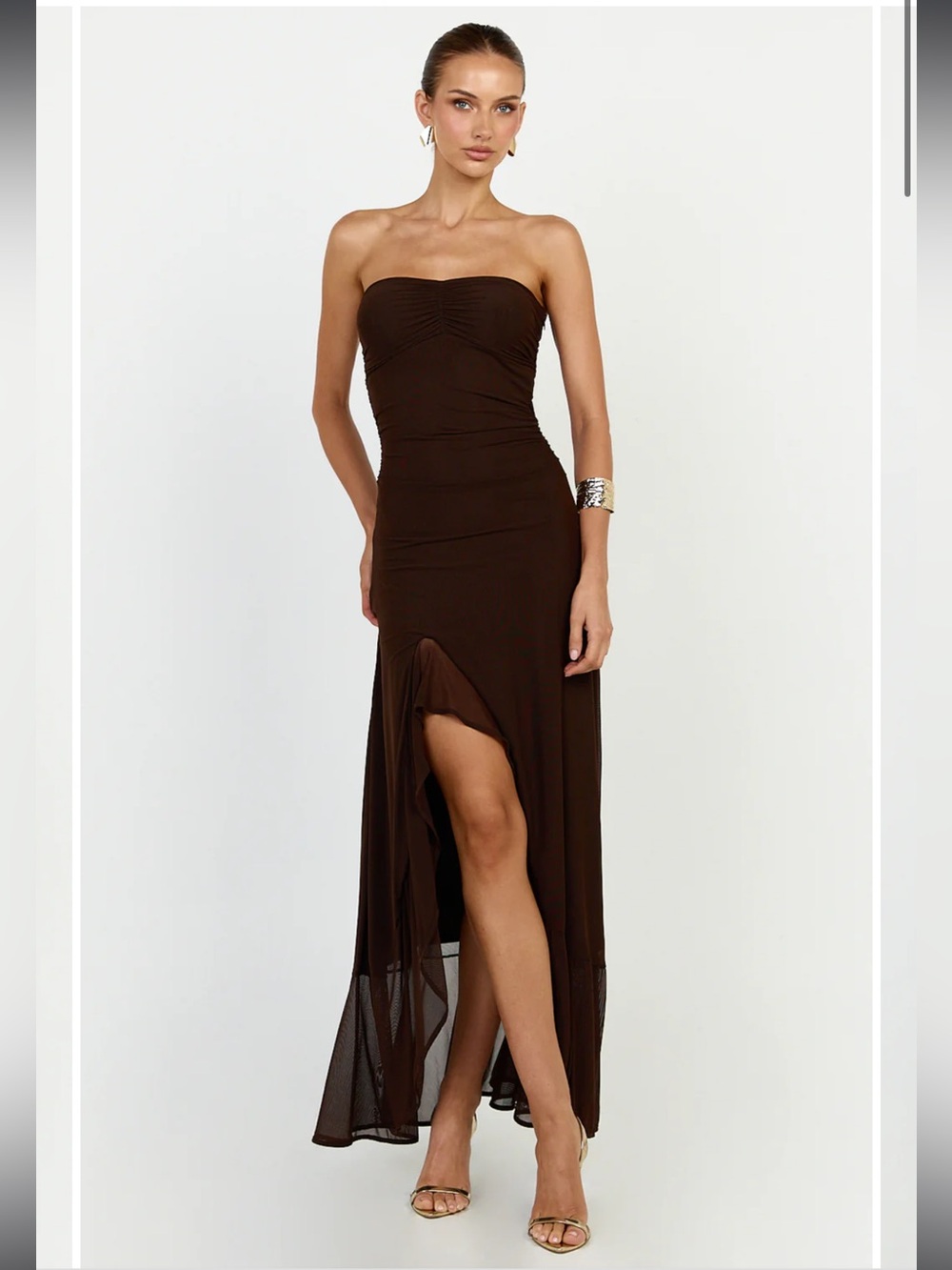 showpo brown strapless maxi dress